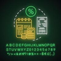 Deposit calculator neon light concept icon. Savings idea. Accounting tool. Budgeting and financing. Counting profits. Glowing sign with alphabet, numbers and symbols. Vector isolated illustration