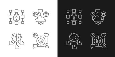 iconos lineales de inclusión digital configurados para modo oscuro y claro. computación en la nube. aprendizaje automático. datos encriptados. símbolos de línea fina personalizables. ilustraciones aisladas de contorno vectorial. trazo editable vector