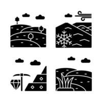 iconos de glifo negro de diversidad de tierras establecidos en espacios en blanco. elevación natural del terreno. industria minera de minerales. campo de hierba. hielo y nieve perennes. símbolos de silueta. ilustración vectorial aislada vector