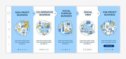 Types of social entrepreneurships onboarding vector template. Responsive mobile website with icons. Web page walkthrough 5 step screens. Business color concept with linear illustrations