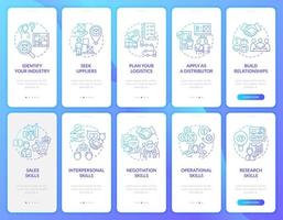 Starting wholesale business onboarding mobile app page screen set. Strategy walkthrough 5 steps graphic instructions with concepts. UI, UX, GUI vector template with linear color illustrations