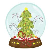 Christmas card with snow snowflakes, globe and christmas tree. Vector