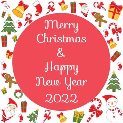 Merry Christmas with Red Background. Vector Illustration. Flat Christmas Icons with Square Frame.  Happy New Year Concept. Candy Cane, Christmas Tree, Candle, Gingerbread Man.
