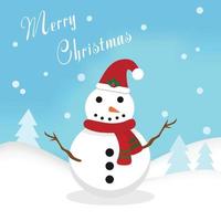 Smile cartoon snowman on the mountain with hat and scarf vector