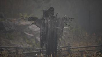 terrible scarecrow in dark cloak and dirty hat stands alone in autumn field photo