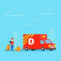 Fast red delivery vehicle car van and man character with clipboard and trolley and boxes on it flat style design vector illustration isolated on white background. Symbol of delivery company set.