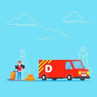 Fast red delivery vehicle car van and man character with clipboard and trolley and boxes on it flat style design vector illustration isolated on white background. Symbol of delivery company set.