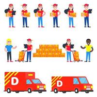 Huge set of delivery things and stuff . Fast delivery girls and boys characters with clipboard and trolley and boxes on it flat style design near recipient and trucks with boxes vector illustration.