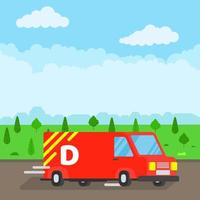 Fast delivery truck service on the road. Car van with city landscape behind flat style design vector illustration isolated on light blue background. Symbol of delivery company.