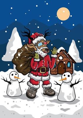 Christmas Reindeer as Santa with snowman, Illustration decorative background design