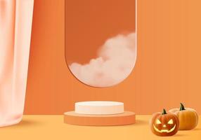 Escena mínima de halloween 3d con plataforma de humo y podio. Representación 3d del vector del fondo de Halloween con el podio de la calabaza. Stand para mostrar productos. escaparate de escenario en pedestal moderno pastel de calabaza naranja