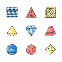 Geometric figures color icons set. Abstract shapes. Isometric forms. Geometric ornament. Polygonal triangle. Prism model. Double pyramid. Ornamental square. Lined circle. Isolated vector illustrations