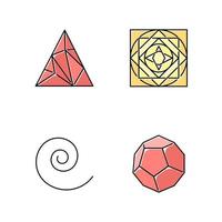 Geometric figures color icons set. Polygonal triangle. Solid square with circle ornament. Swirls, curved stokes. Abstract shapes. Filled dodecahedron. Isometric forms. Isolated vector illustrations