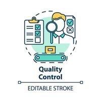 Quality control concept icon. Characteristics monitoring. Check product. Conformity inspection of production processes idea thin line illustration. Vector isolated outline drawing. Editable stroke