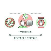 Phone scam icon. Telephone fraud incident idea thin line illustration. Unknown mobile number calls. Tricking and deceiving. Suspicious messages. Vector isolated outline drawing. Editable stroke