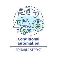 Conditional automation concept icon. Adaptive cruise control. Car with autonomous features. System for safe driving idea thin line illustration. Vector isolated outline drawing. Editable stroke