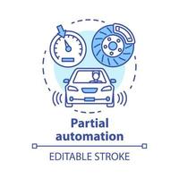 Partial automation concept icon. Vehicle with cruise control and parking sensors. Electronic car systems for driver idea thin line illustration. Vector isolated outline drawing. Editable stroke