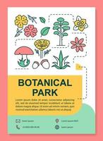 Botanical park poster template layout. Flowers and plants. Forest foliage. Banner, booklet, leaflet print design with linear icons. Vector brochure page layouts for magazines, advertising flyers