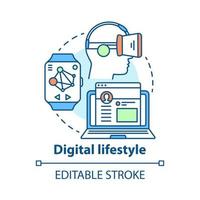 Digital lifestyle concept icon. Virtual reality idea thin line illustration. Modern entertainment. Internet connection, social technology. Vector isolated outline drawing. Editable stroke