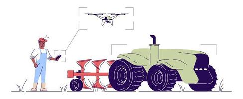 Self driving drone tractor flat illustration. Smart farming equipment, Iot in agriculture cartoon concept with outline. Agricultural machinery. Farmer character control driverless tractor with plough