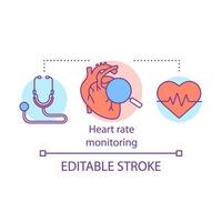 Heart rate monitoring concept icon. Cardiological health control idea thin line illustration. Stethoscope, equipment for heartbeat, pulse check. Vector isolated outline drawing. Editable stroke..
