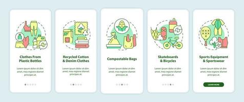 Upcycled materials onboarding mobile app page screen. Waste recycling walkthrough 5 steps graphic instructions with concepts. UI, UX, GUI vector template with linear color illustrations