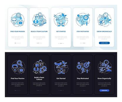 Start social enterprise dark, light onboarding mobile app page screen. Walkthrough 5 steps graphic instructions with concepts. UI, UX, GUI vector template with linear night and day mode illustrations