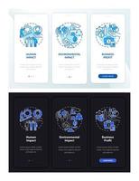 Social business success dark, light onboarding mobile app page screen. Walkthrough 5 steps graphic instructions with concepts. UI, UX, GUI vector template with linear night and day mode illustrations