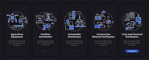 pantalla de la página de la aplicación móvil de incorporación de ideas comerciales del distribuidor. tutorial al por mayor 5 pasos instrucciones gráficas con conceptos. ui, ux, plantilla vectorial gui con ilustraciones lineales en modo nocturno vector