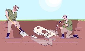 Fossil animal excavations flat vector illustration. Paleontological observations. Archeological expedition working process. Earth evolution study. Two men digging dinosaur skull cartoon characters