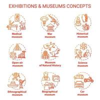 Museum exhibition concept icons set. Ethnographical and biographical exposition. Natural history. Open-air display idea thin line illustrations. Vector isolated outline drawings. Editable stroke