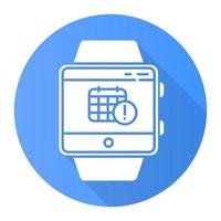 Scheduling events smartwatch function blue flat design long shadow glyph icon. Fitness wristband capability. Calendar and timetable. Planning and time management. Vector silhouette illustration