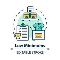 Low minimums concept icon. Risk management. E commerce. Shipping service. Logistics. Purchase and delivery of goods idea thin line illustration. Vector isolated outline drawing. Editable stroke