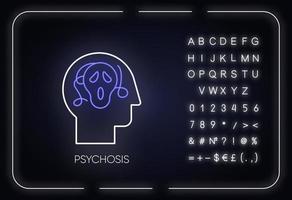 Psychosis neon light icon. Paranoid and scared person. Phobia and anxiety. Schizophrenia. Mental disorder. Glowing sign with alphabet, numbers and symbols. Vector isolated illustration