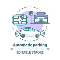 Automatic parking concept icon. Driverless car navigation. Smart car-maneuvering system. Self-driving feature idea thin line illustration. Vector isolated outline drawing. Editable stroke