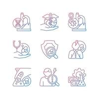 Medical research gradient linear vector icons set. Genetic disease study. Check safety new medication. Adverse effects. Thin line contour symbols bundle. Isolated outline illustrations collection