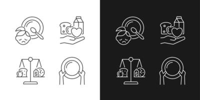 Helping people in need linear icons set for dark and light mode. Food donation and charity. Poverty and hunger. Customizable thin line symbols. Isolated vector outline illustrations. Editable stroke