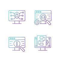 Use of digital technologies gradient linear vector icons set. Staying safe online. Software testing. Product promotion. Thin line contour symbols bundle. Isolated outline illustrations collection