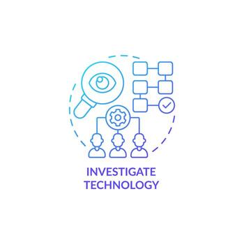 icono del concepto de tecnología de investigación. identificar y examinar el problema. recopilación y análisis de datos. solución innovadora ejecución idea abstracta ilustración de línea delgada. dibujo de color de contorno aislado vectorial vector