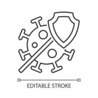 Covid insurance linear icon. Coronavirus treatment coverage. Support at pandemic. Thin line customizable illustration. Contour symbol. Vector isolated outline drawing. Editable stroke. Arial font used