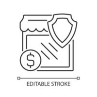 Small business insurance linear icon. Isolated vector illustration. Thin line customizable illustration. Contour symbol. Vector isolated outline drawing. Editable stroke. Arial font used