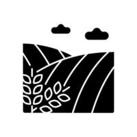 Cropland black glyph icon. Crops production and harvest. Farming and arable land. Agricultural area. Cultivated soil for growing plants. Silhouette symbol on white space. Vector isolated illustration