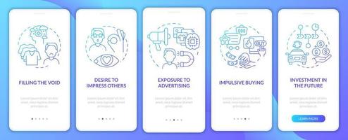 Reasons for consumerism gradient blue onboarding mobile app page screen. Walkthrough 5 steps graphic instructions with concepts. UI, UX, GUI vector template with linear color illustrations