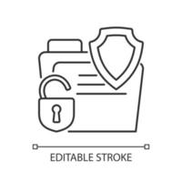 Data breach insurance case linear icon. Digital information protection policy. Thin line customizable illustration. Contour symbol. Vector isolated outline drawing. Editable stroke. Arial font used