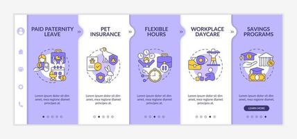 Perks for employees with family onboarding template. Saving programs. Responsive mobile website with linear concept icons. Web page walkthrough 5 step screens. Lato-Bold, Regular fonts used vector