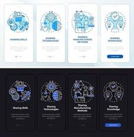 Tech sharing methods onboarding mobile app page screen. Innovation walkthrough 4 steps graphic instructions with concepts. UI, UX, GUI vector template with linear night and day mode illustrations