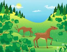 Deers in the summer forest. Nature landscape. vector