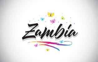 Zambia Handwritten Vector Word Text with Butterflies and Colorful Swoosh.