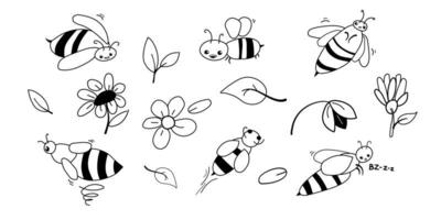 Set of cartoon wasps. Wasps and flowers isolated on white background. Children's vector illustration.