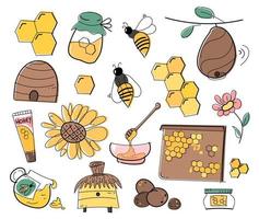 A set of propolis and honey. Honeycombs bee hives and honey products. Vector illustration isolated on white background.